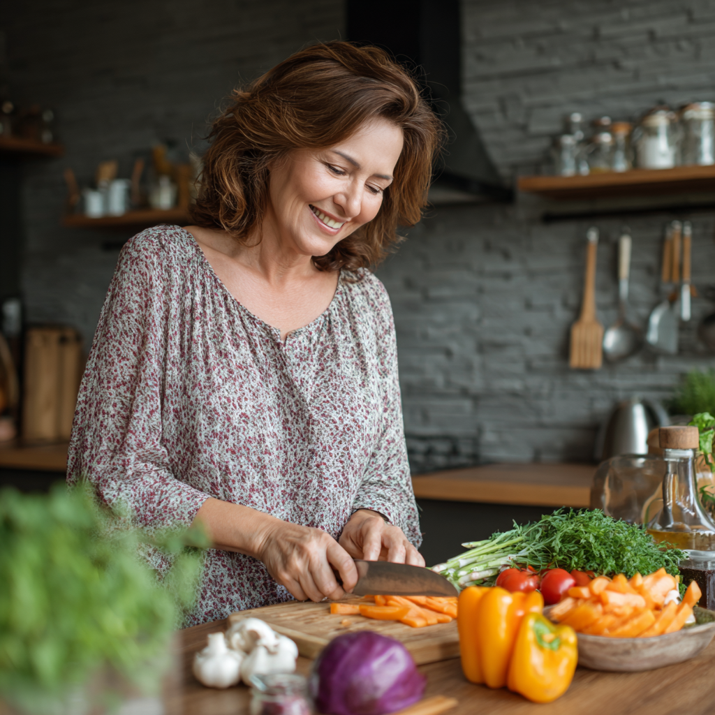 Smiling middle-aged Ukrainian woman preparing healthy seasonal vegetables in a modern kitchen, natural lighting, warm atmosphere