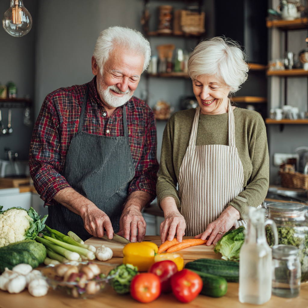 Happy Ukrainian senior couple cooking together with measured portions of colorful vegetables and grains on kitchen counter, healthy lifestyle concept