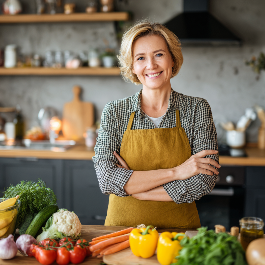 Diverse group of smiling Ukrainian adults of different ages sharing a colorful healthy meal with balanced portions of proteins, vegetables, and grains, family dining atmosphere